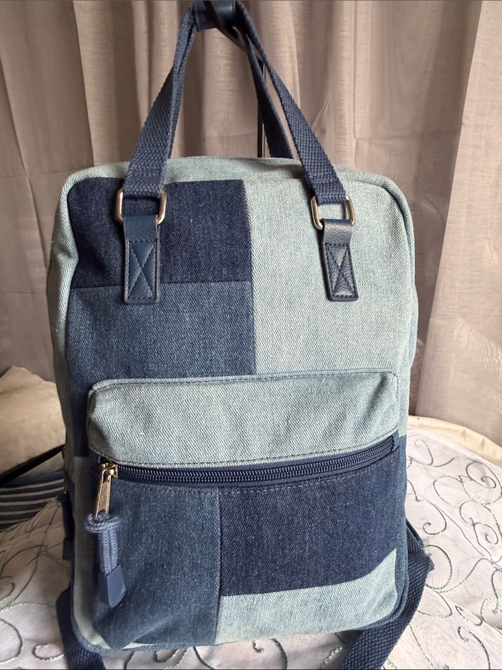 wild fable Two-Tone Patchwork Denim Backpack - Dark Blue & Light Blue